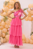 Fuchsia One Shoulder A Line Tiered Tulle Long Prom Dress