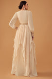 Champagne Ruffles A Line Long Prom Dress with Long Sleeves