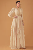 Champagne Ruffles A Line Long Prom Dress with Long Sleeves