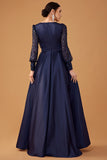 Glitter Sequins Navy A Line Long Prom Dress with Long Sleeves