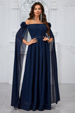 Navy Pleated A Line Off the Shoulder Long Prom Dress