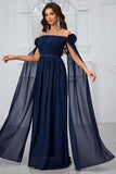 Navy Pleated A Line Off the Shoulder Long Prom Dress