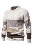 Men's White Round Neck Colorblock Cable Pullover Sweater