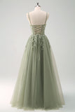 Green A Line Corset Sequin Tulle Long Prom Dress with Lace Up Back