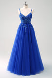 Sparkly A-Line Royal Blue Spaghetti Straps Corset Long Ball Dress