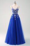 Sparkly A-Line Royal Blue Spaghetti Straps Corset Long Ball Dress