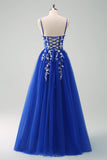 Sparkly A-Line Royal Blue Spaghetti Straps Corset Long Ball Dress