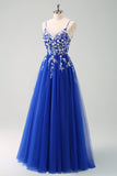 Sparkly A-Line Royal Blue Spaghetti Straps Corset Long Ball Dress