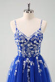 Sparkly A-Line Royal Blue Spaghetti Straps Corset Long Ball Dress