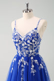 Sparkly A-Line Royal Blue Spaghetti Straps Corset Long Ball Dress