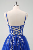 Sparkly A-Line Royal Blue Spaghetti Straps Corset Long Ball Dress