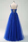 Sparkly A-Line Royal Blue Spaghetti Straps Corset Long Ball Dress