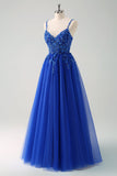 Sparkly A-Line Royal Blue Spaghetti Straps Corset Long Ball Dress