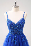 Sparkly A-Line Royal Blue Spaghetti Straps Corset Long Ball Dress