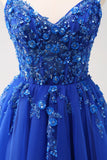 Sparkly A-Line Royal Blue Spaghetti Straps Corset Long Ball Dress