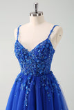 Sparkly A-Line Royal Blue Spaghetti Straps Corset Long Ball Dress