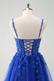 Sparkly A-Line Royal Blue Spaghetti Straps Corset Long Ball Dress