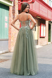 Green A Line Corset Sequin Tulle Long Prom Dress with Lace Up Back