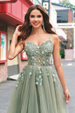 Green A Line Corset Sequin Tulle Long Prom Dress with Lace Up Back