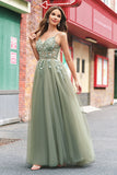 Green A Line Corset Sequin Tulle Long Prom Dress with Lace Up Back