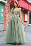 Green A Line Corset Sequin Tulle Long Prom Dress with Lace Up Back