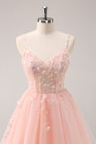 A Line Blush Spaghetti Straps Tulle Corset Sequins Homecoming Dress with Appliques