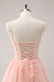 A Line Blush Spaghetti Straps Tulle Corset Sequins Homecoming Dress with Appliques