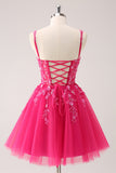 A Line Blush Spaghetti Straps Tulle Corset Sequins Homecoming Dress with Appliques