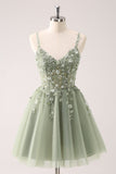 A Line Blush Spaghetti Straps Tulle Corset Sequins Homecoming Dress with Appliques