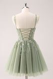 A Line Blush Spaghetti Straps Tulle Corset Sequins Homecoming Dress with Appliques