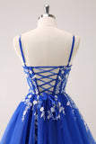 A Line Blush Spaghetti Straps Tulle Corset Sequins Homecoming Dress with Appliques