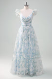 Light Blue Flower Printed A-Line Cap Sleeves Long Ball Dress