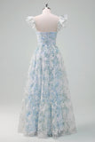 Light Blue Flower Printed A-Line Cap Sleeves Long Ball Dress