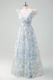 Light Blue Flower Printed A-Line Cap Sleeves Long Ball Dress