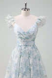 Light Blue Flower Printed A-Line Cap Sleeves Long Ball Dress