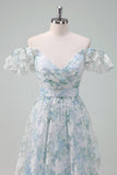 Light Blue Flower Printed A-Line Cap Sleeves Long Ball Dress