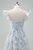 Light Blue Flower Printed A-Line Cap Sleeves Long Ball Dress