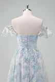 Light Blue Flower Printed A-Line Cap Sleeves Long Ball Dress