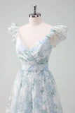 Light Blue Flower Printed A-Line Cap Sleeves Long Ball Dress