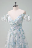 Light Blue Flower Printed A-Line Cap Sleeves Long Ball Dress