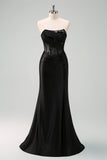 Black Strapless Mermaid Ruched Corset Long Ball Dress