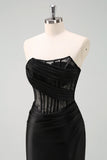 Black Strapless Mermaid Ruched Corset Long Ball Dress