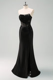 Black Strapless Mermaid Ruched Corset Long Ball Dress