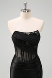 Black Strapless Mermaid Ruched Corset Long Ball Dress