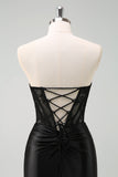 Black Strapless Mermaid Ruched Corset Long Ball Dress