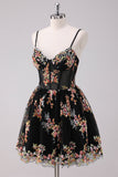 Sparkly Black A-Line Floral Short Homecoming Dress