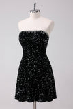 Sparkly Black A-Line Strapless Sequins Short Homecoming Dress