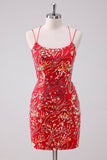 Glitter Red Spaghetti Straps Sequins Bodycon Short Homecoming Dress