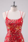 Glitter Red Spaghetti Straps Sequins Bodycon Short Homecoming Dress