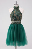 Sparkly A-Line Dark Green Halter Short Homecoming Dress with Sequins